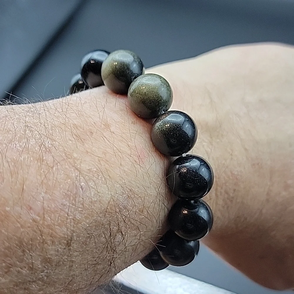 14mm Gold Sheen Black Obsidian Stretch Bracelet Size Gemstone Beaeded Size 6.5